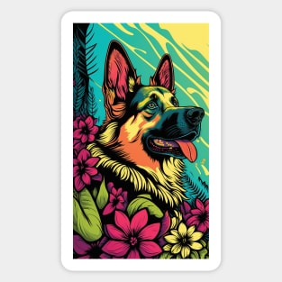 German Shepherd Dog Vibrant Tropical Flower Tall Retro Vintage Digital Pop Art Portrait 2 Sticker